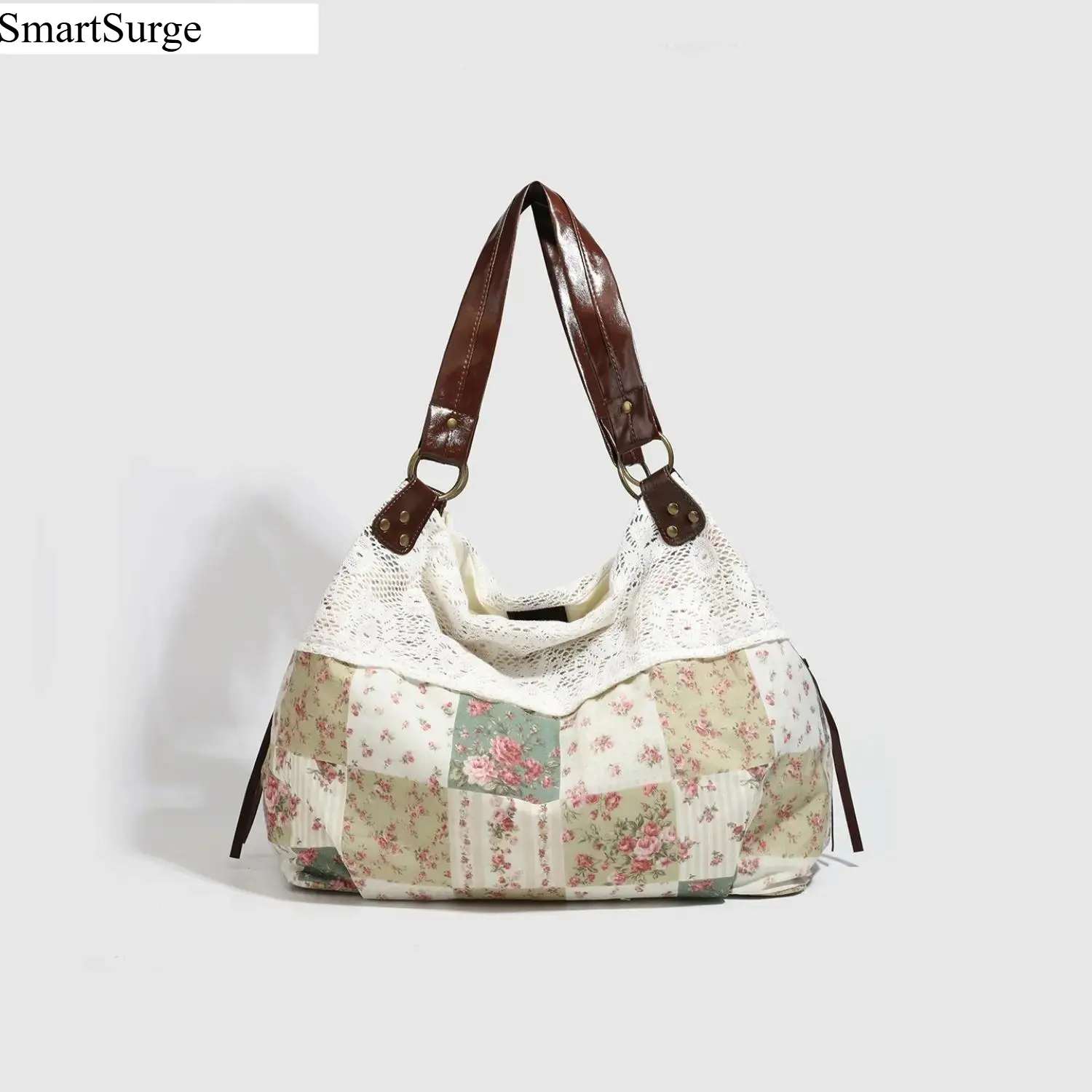 Women’s Vintage Floral Patchwork Hobo Bag, Lace Shoulder Tote with Brown Wide Straps, Cottagecore Carryall for Work, Shopping, Travel and Everyday Use