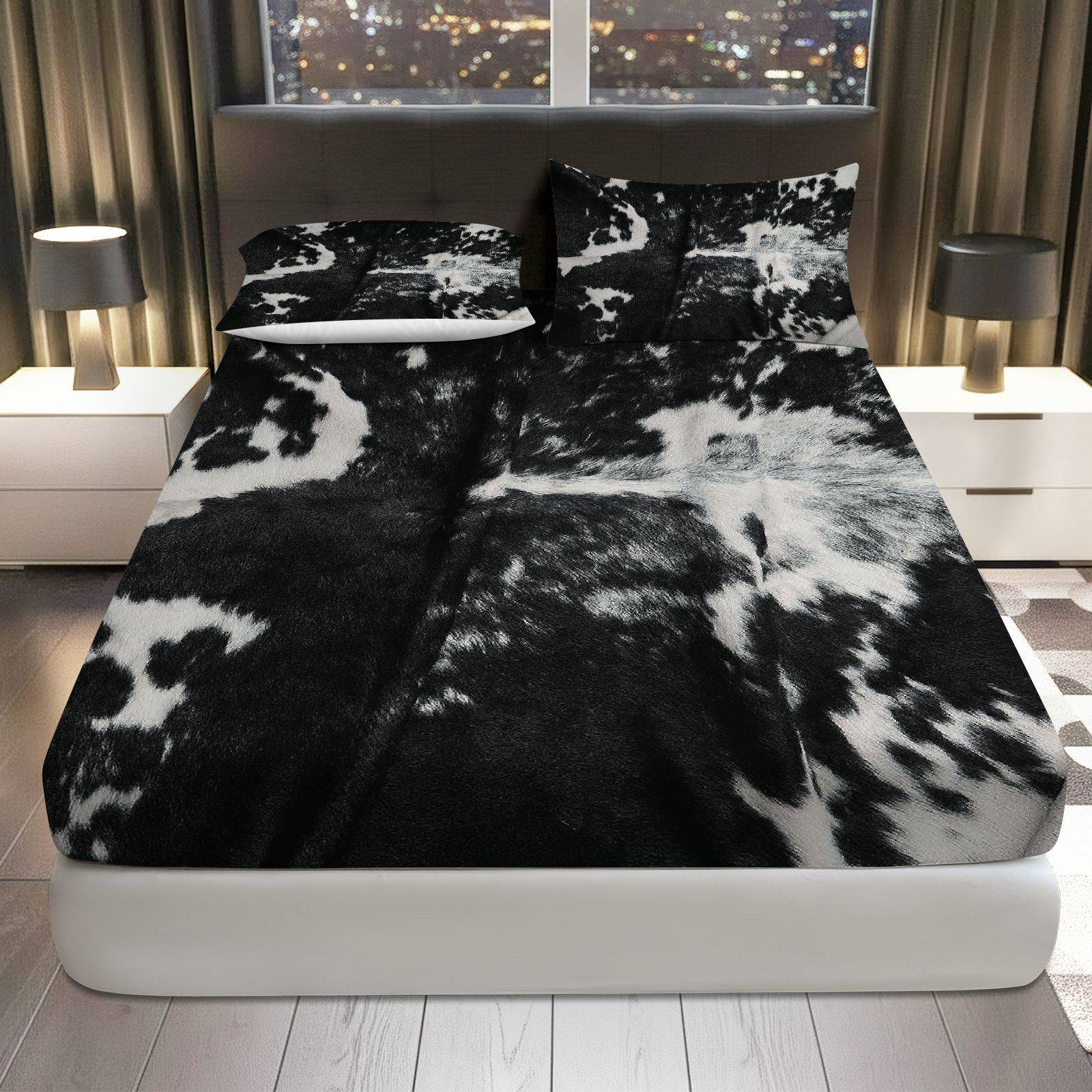 3Pcs Cow Print Black White Fitted Sheet Three Piece Set (1*Fitted Sheet+2*Pillowcases, Coreless), Western theme, Animal Print Bedding Set, Mattress Protector Soft, Breathable