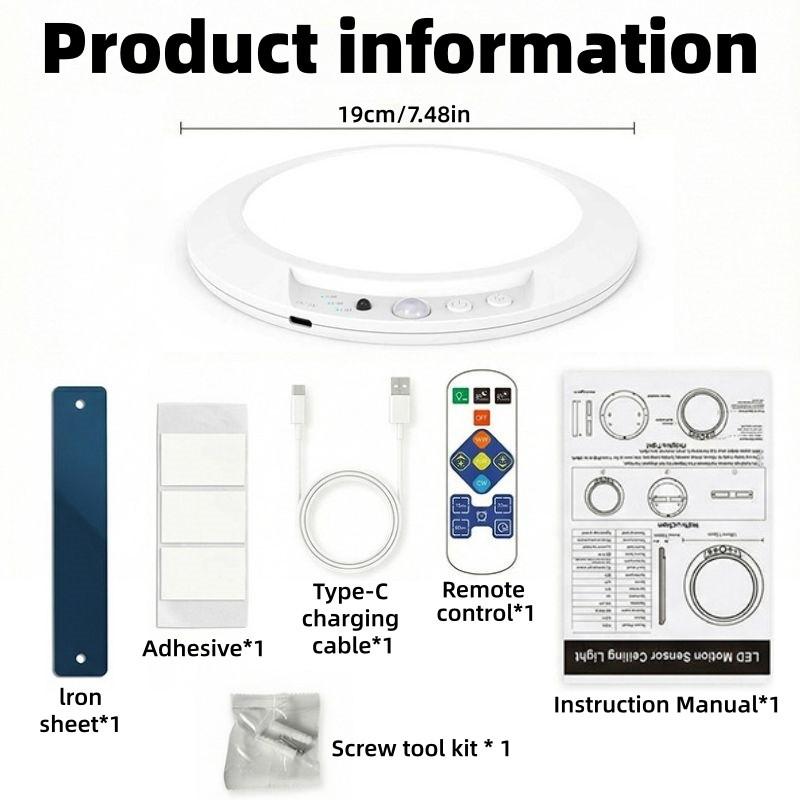 Smart Motion Sensor Ceiling Light, Motion Sensor Lamp, Indoor Lighting, Infrared Remote Control, Wireless, Automatic Dimming, Timer Switch, Color Temperature Adjustable, Type-C Charging #GLOBAL PICKS