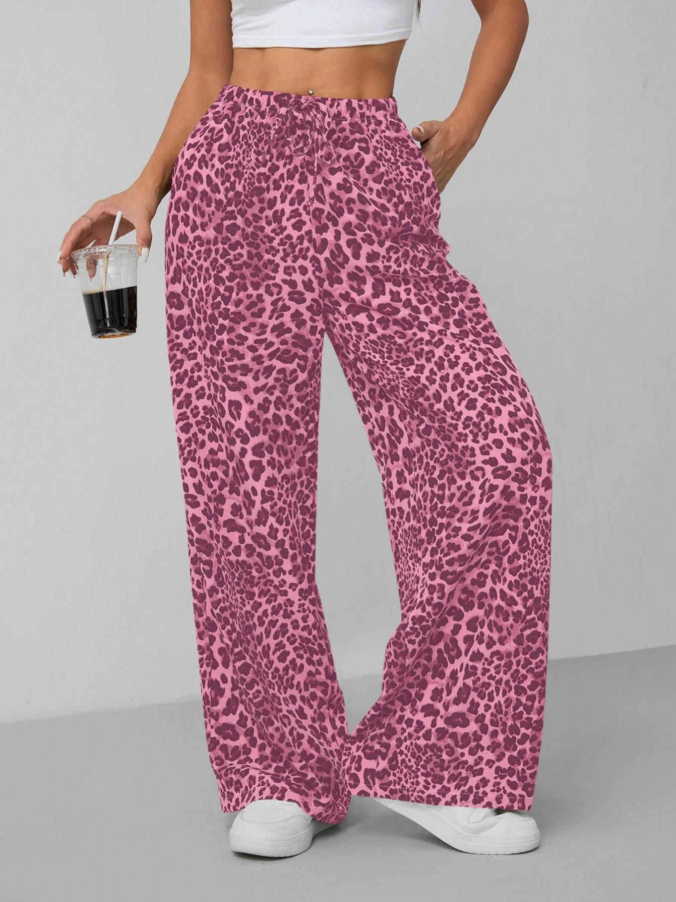 Women's Leopard Print Tie Front Pocket Wide Leg Pants, Casual Comfy Straight Leg Trousers for Daily Wear, Ladies Bottoms for All Seasons, Womenswear