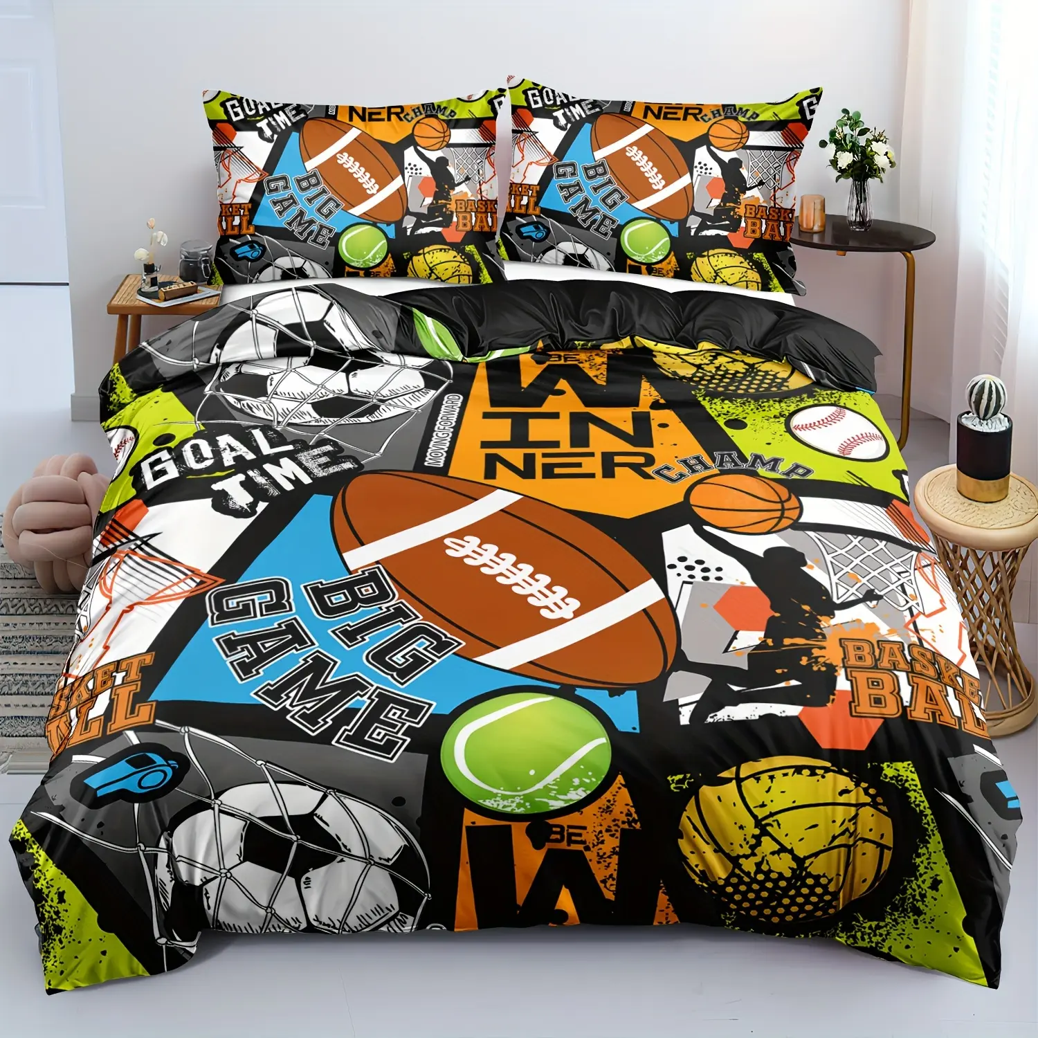 Boys' Sports Theme 2-3 Piece Single Bedding Set - Duvet Cover with 1/2 Pillowcases (No Insert, Football, Basketball, Baseball Designs)