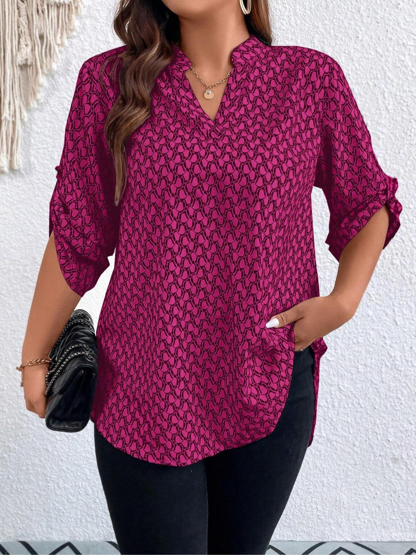 【Plus Size】 All Over Print Rolled Sleeve Blouse, Fashion and Trends Casual Notched Top for Spring & Fall, Women's Clothes for Daily Wear