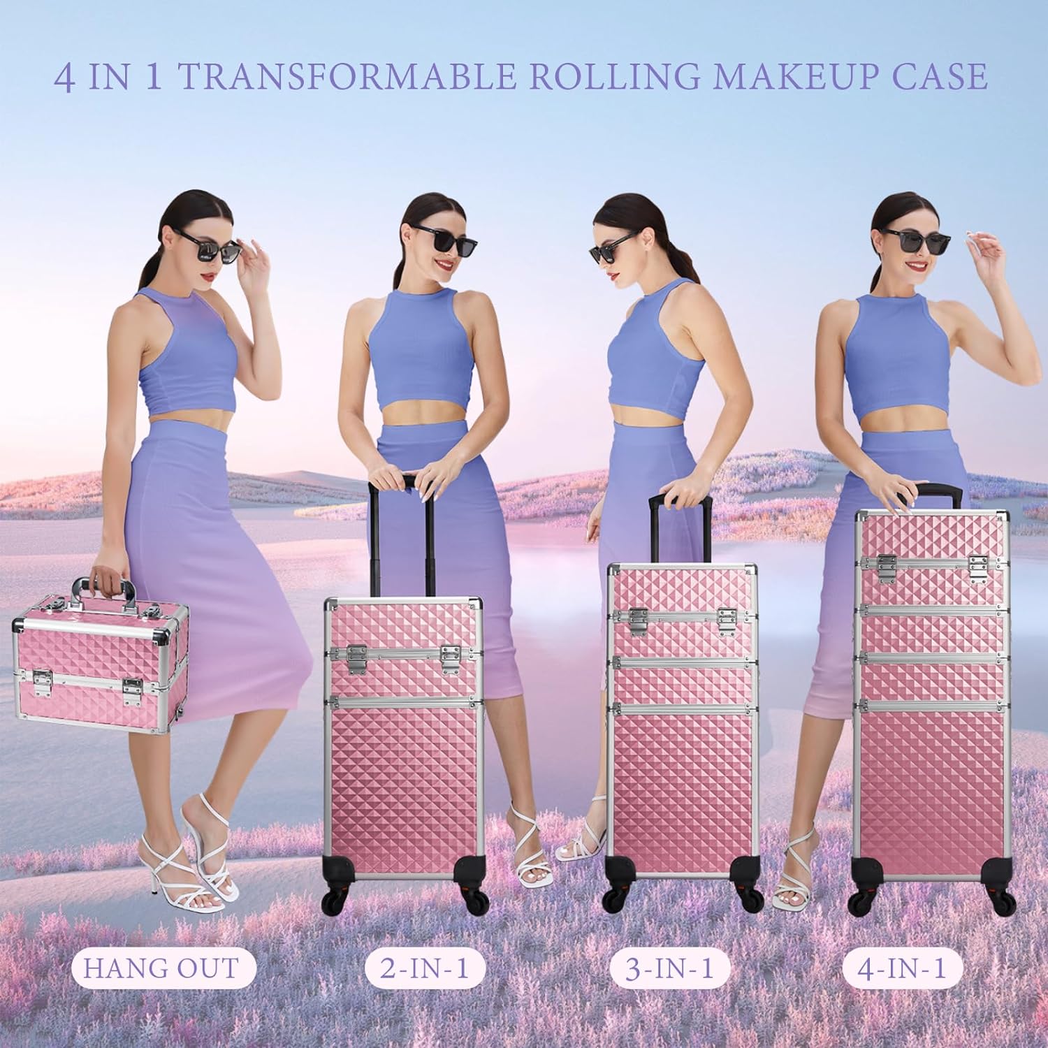 Joligrace 4 in 1 Rolling Makeup Train Case Large Cosmetic Trolley Box with Key Swivel Wheels Salon Barber Case