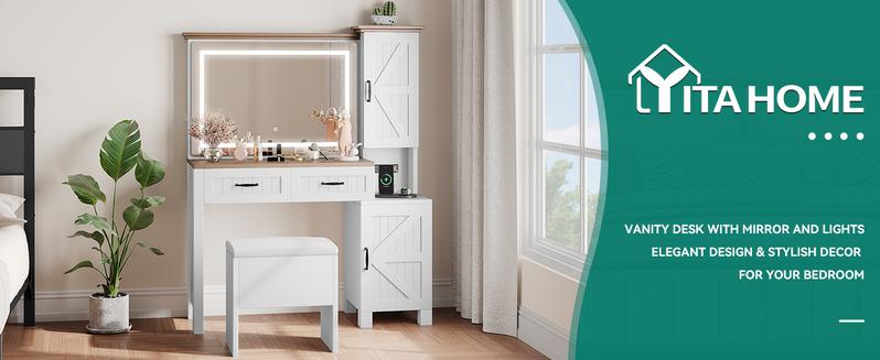 Yitahome Farmhouse Vanity, Makeup Desk with Adjustable Lighted Mirror, Charging Station, Drawers, Cabinets, and Adjustable Shelves, Modern Vanity Desk with Stool
