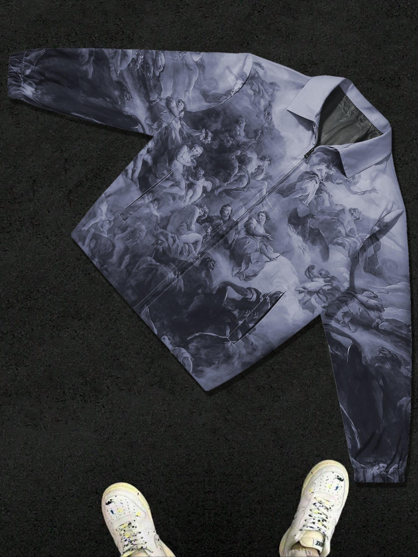 Men's Printed Long Sleeve Jacket with Artistic Patterns, Unique Retro Style Collar + Zipper Design, Trendy & Vintage Fashion Outerwear Coats, Menswear