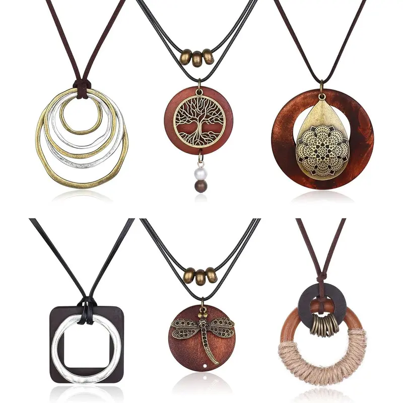 FUNRUN 6Pcs Boho Wooden Pendant Necklace Set for Women, Vintage Long Layered Necklaces with Feather Dragonfly Peace Sign Teardrop & Y Necklace, Hippie Statement Sweater Jewelry