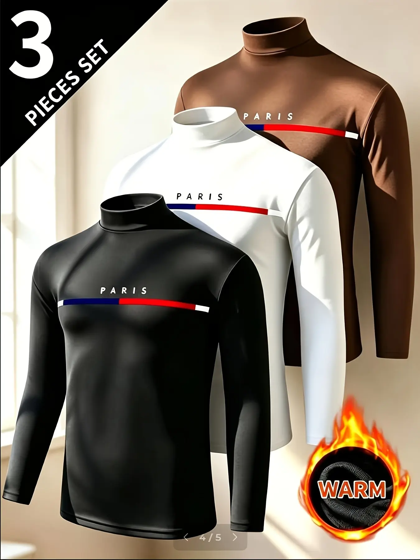 Men's Warm Innerwear Top, 3-Pack Solid Color High Neck Long Sleeve, Slim Fit, Casual Style, Fall/winter Gift, Christmas Present