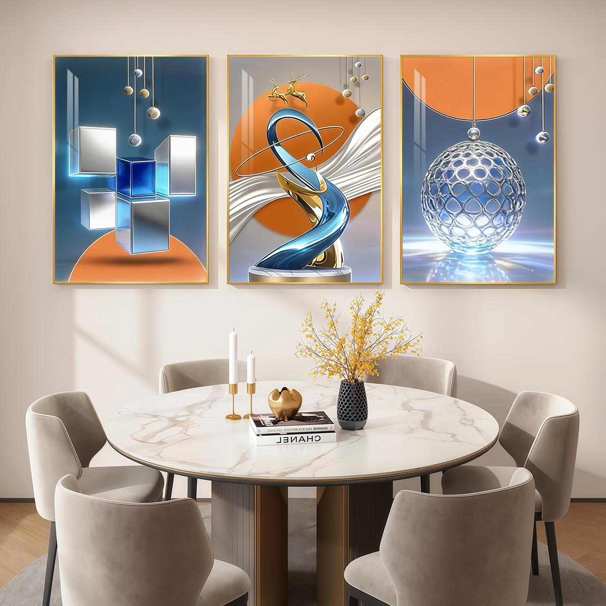 3 Counts Aluminum Alloy Framed Painting, Modern Abstract Geometric Sphere And Cube Art, Home Decoration For Living Room, Bedroom, Office, Restaurant, Hallway Wall Decor, Odorless Print Artwork, Luxury Perfect Gift For Friends And Family
