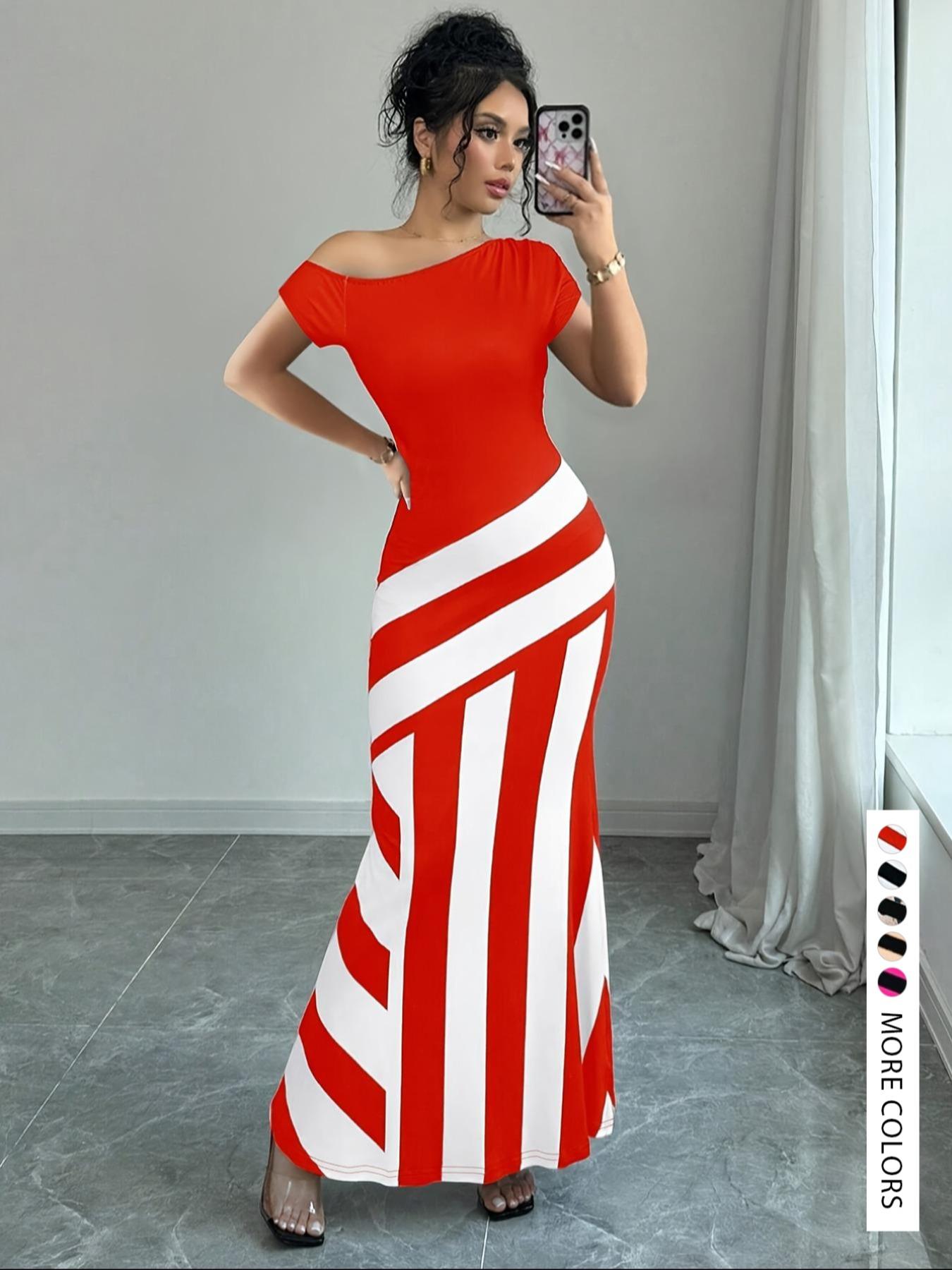 Women's Colorblock Striped Print Asymmetrical Neck Mermaid Dress, Elegant Fashion Casual Dress for Daily Outdoor Wear, Women Dress for Summer