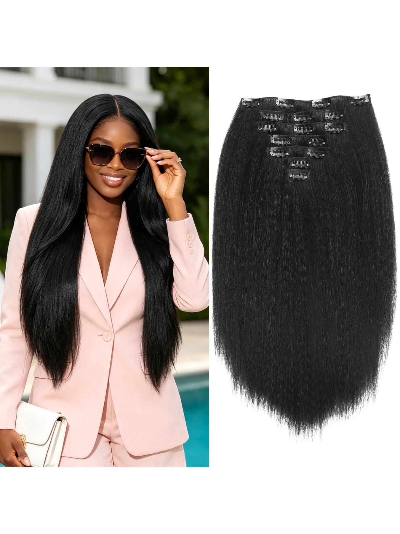 20"/22"/24"/26" 7-piece Yaki clip-in synthetic straight hair extensions with 16 clips, suitable for Black women, seamless volume-adding hair pieces, natural black