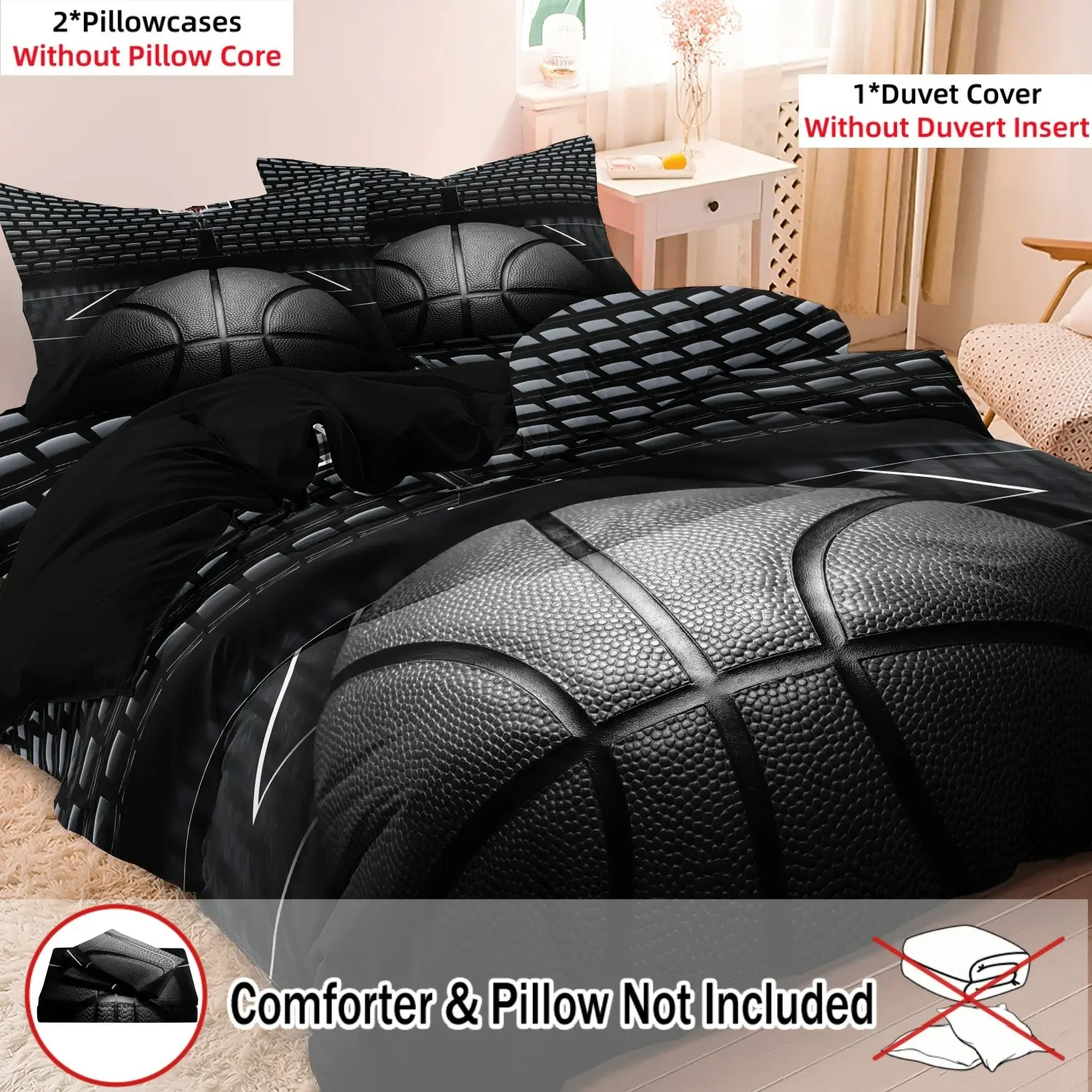 3pcs 2D Flat Basketball Print Duvet Cover Sports Printed Bedding Set With Two Pillowcases For Bedroom Guestroom, Soft & Breathable Microfiber, Machine Washable - Includes 1*Duvet Cover & 2*Pillowcases (Comforter Not Included)