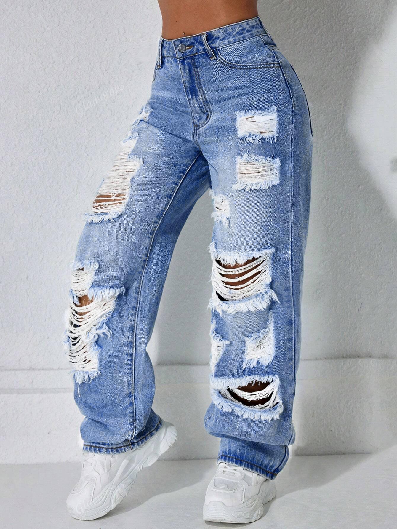 Elegant Fashion Street Style High Waist Ripped Denim Jeans, Spring Summer Fall Women's Loose Straight Leg Pants, Trendy Casual Wear
