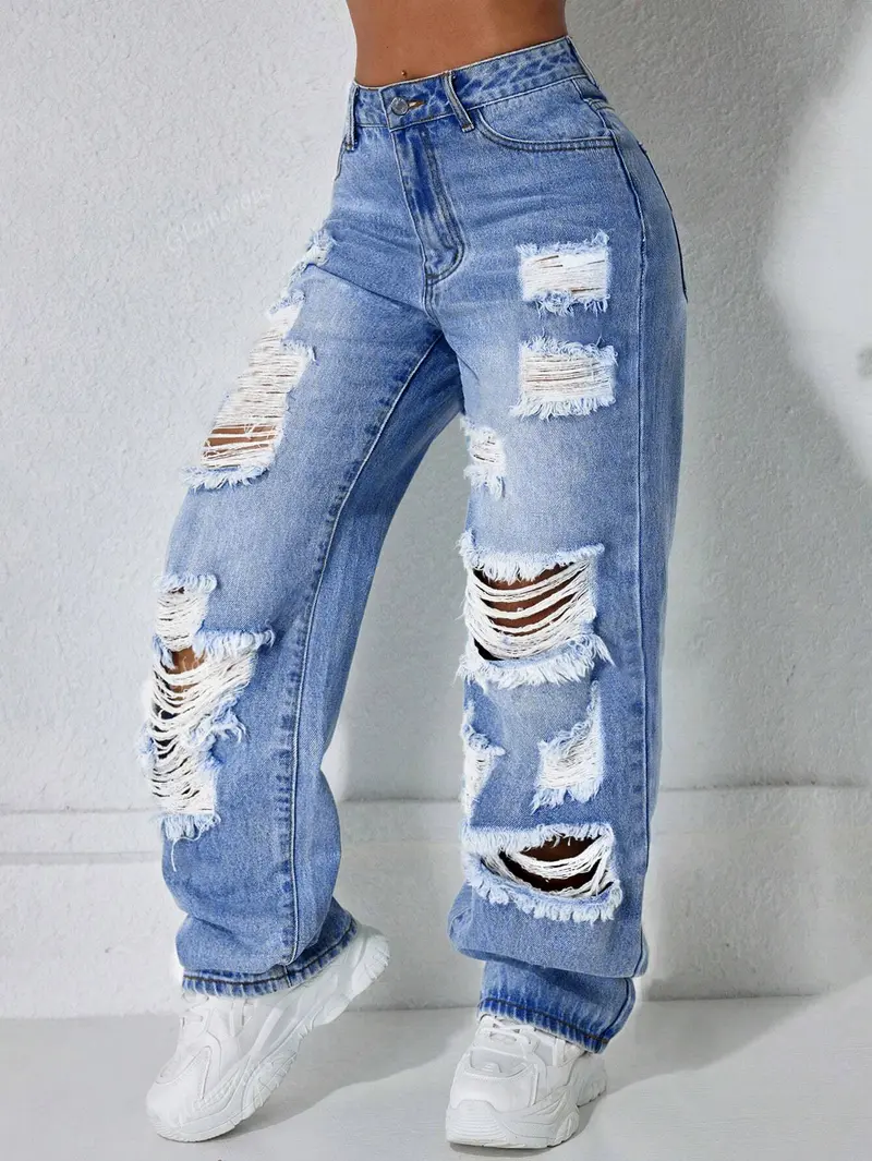 Fashion Street Style High Waist Pocket Ripped Denim High Rise Jeans, Women's Loose Baggy Straight-Leg Pants for Spring Summer Fall, Trendy Casual Wear, Casual Design Jeans, Streetwear, Womenswear