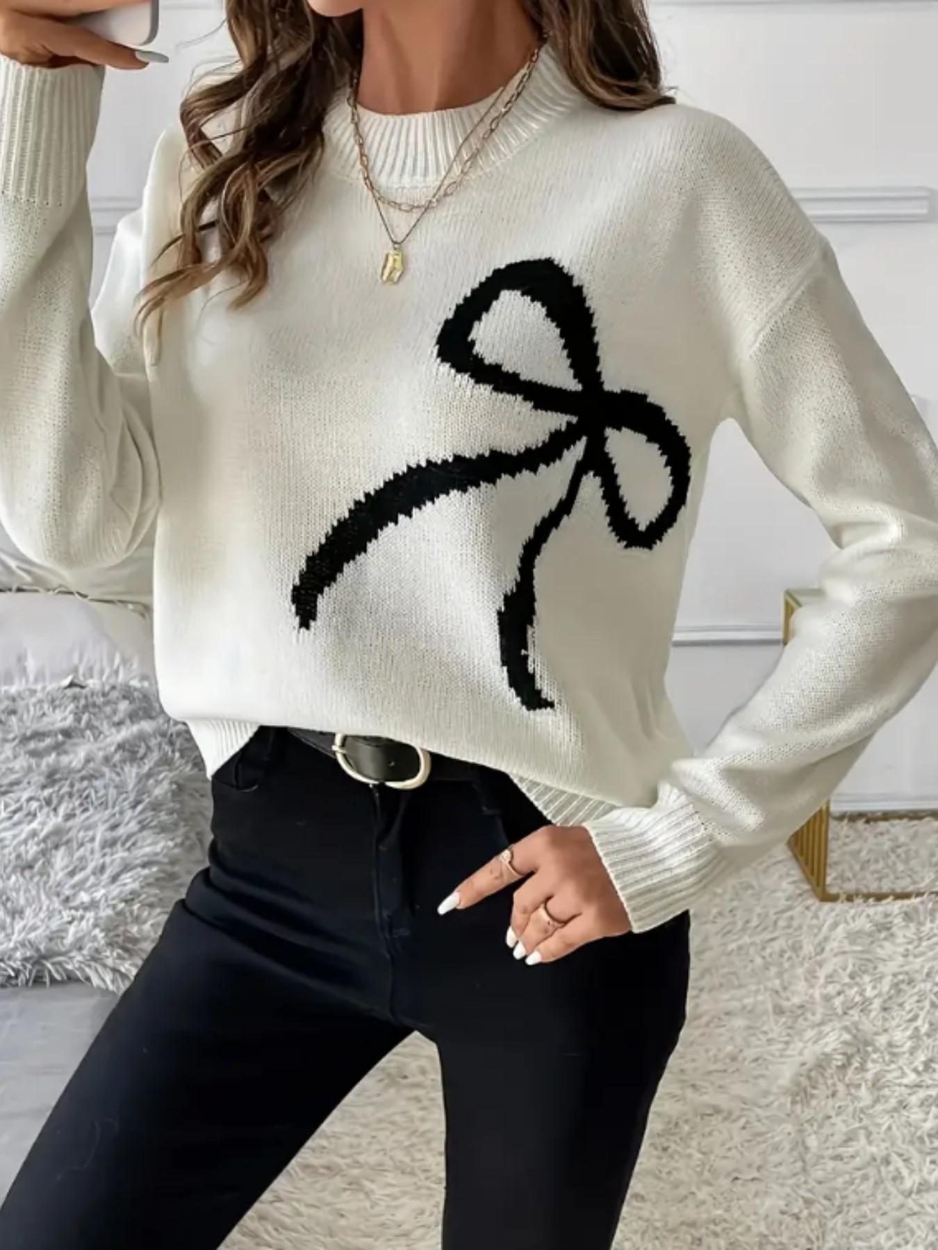 Women Bow Pattern Crew Neck Knit Sweater, Long Sleeve Loose Drop Shoulder Cropped Pullover, Coquette Aesthetic Fall Casual Tops