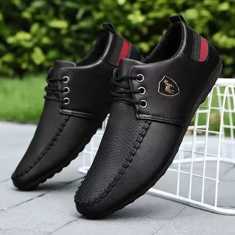 Men's Casual PU Leather Walking Shoes, Comfortable Lace-Up Sneakers, Ideal for Spring/fall, Versatile Loafers, Size Up One Size, Pu Leather Footwear
