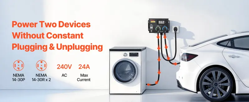 【toolupgrade】VEVOR Automatic EV Charging Switch, NEMA 14-30, Splitter Switch for Dryer EV Charger, 24A Max 240V Smart Power Distribution with Circuit Breaker, Real-Time Display, for EVs, Ovens, Dishwashers, ETL