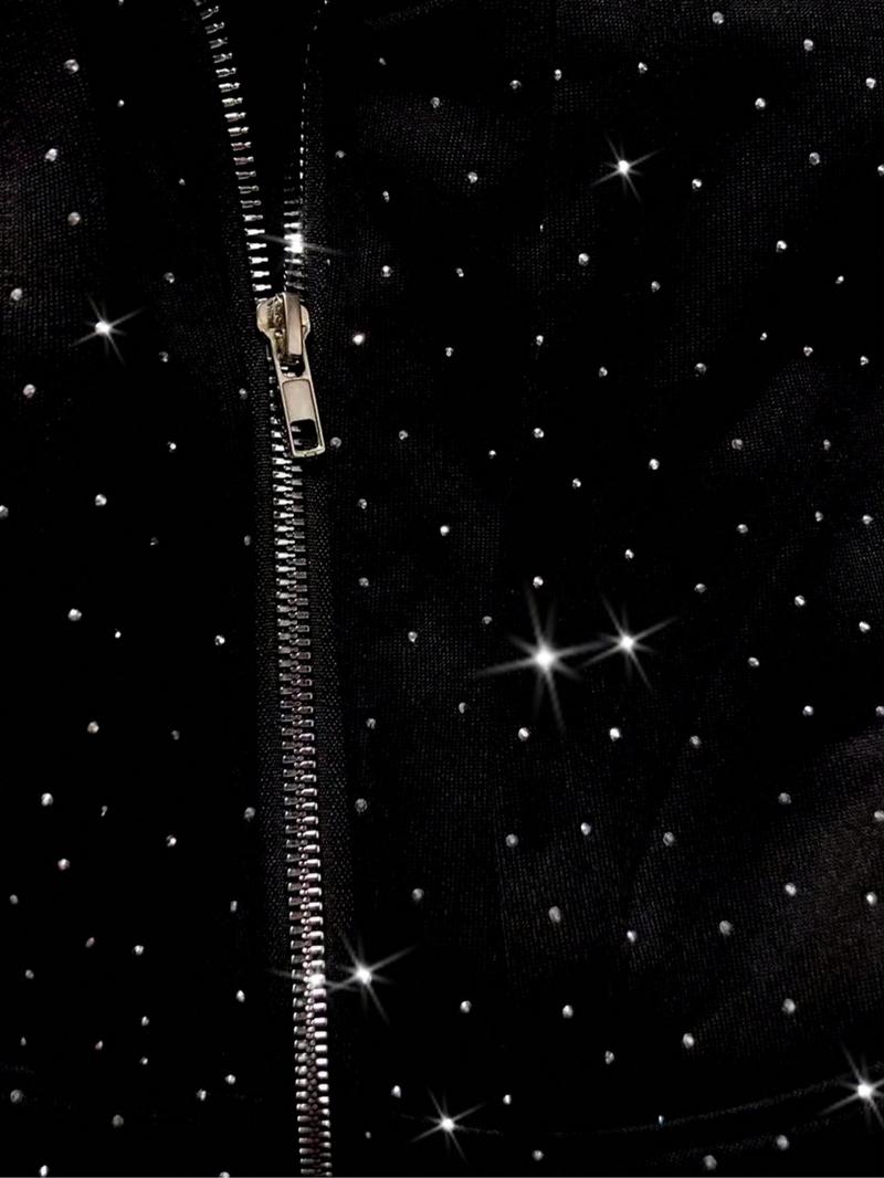 Men's Street Style Rhinestone Decor Hoodie With Two Hat, Windproof Jacket with Pockets and Zipper Design, Fall & Winter Wear Men's Street Style Rhinestone Decor Hoodie With Two Hat, Windproof Jacket with Pockets and Zipper Design, Fall & Winter Wear