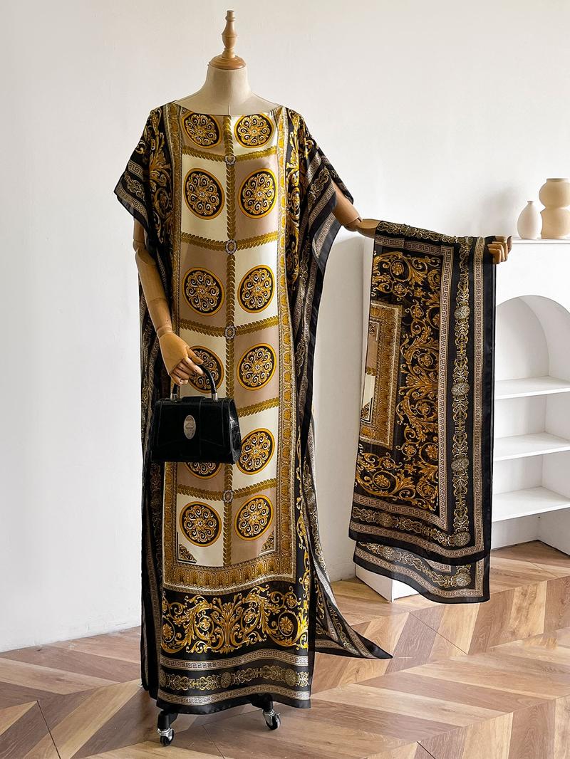 Elegant Geometric Print Satin Muumuu Dress and Shawl Set, Women's Long Beach Cover-Up with Scarf for All Seasons