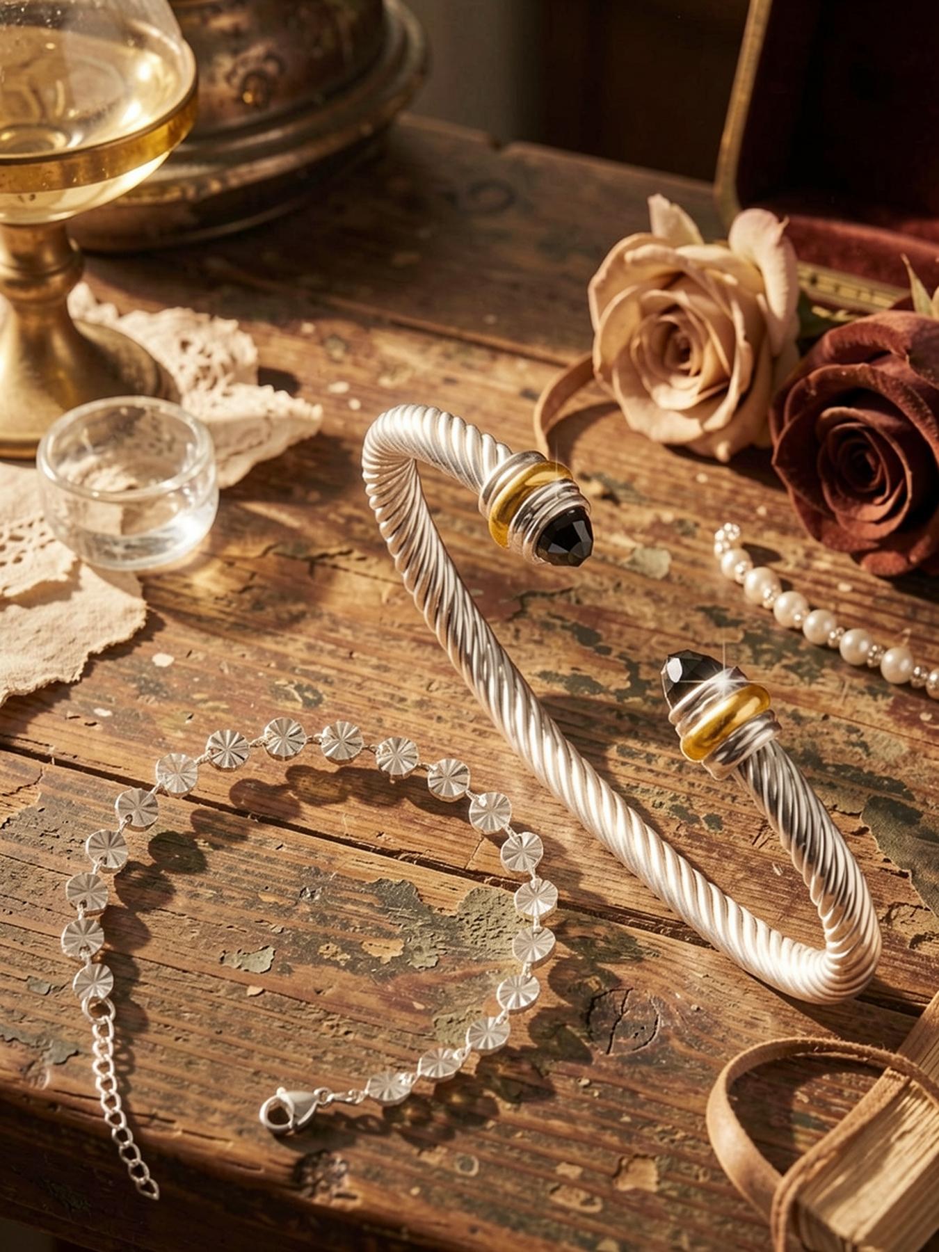 18k Embroidered Bracelet, Diamond-encrusted Twisted Bracelet, Adjustable Bracelet, Versatile Punk, Fashionable, Simple, Luxury Accessory # Jewelry / Stainless Steel / Colorfast / Hypoallergenic / Couple / Festival / Party / Ideal Gift