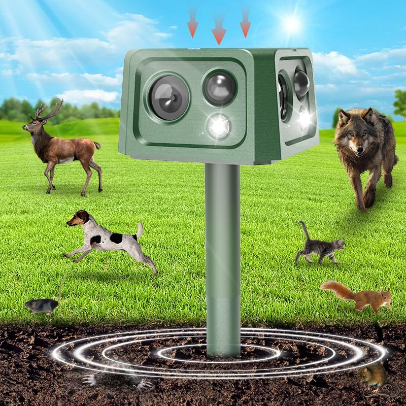 Four-sided Inductive Ultrasonic Rodent Repellent Device, Solar Bird Repellent Device, Cat Repellent Device, Bottom Vibrating Rod Animal Repeller. Suitable for gardens, farms and orchards.