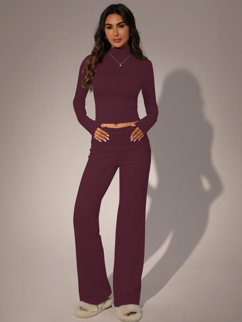 Women's Two-Piece Set Long-Sleeved Top & Elastic-Waisted Pants, Casual Breathable for Autumn Winter Everyday Wear
