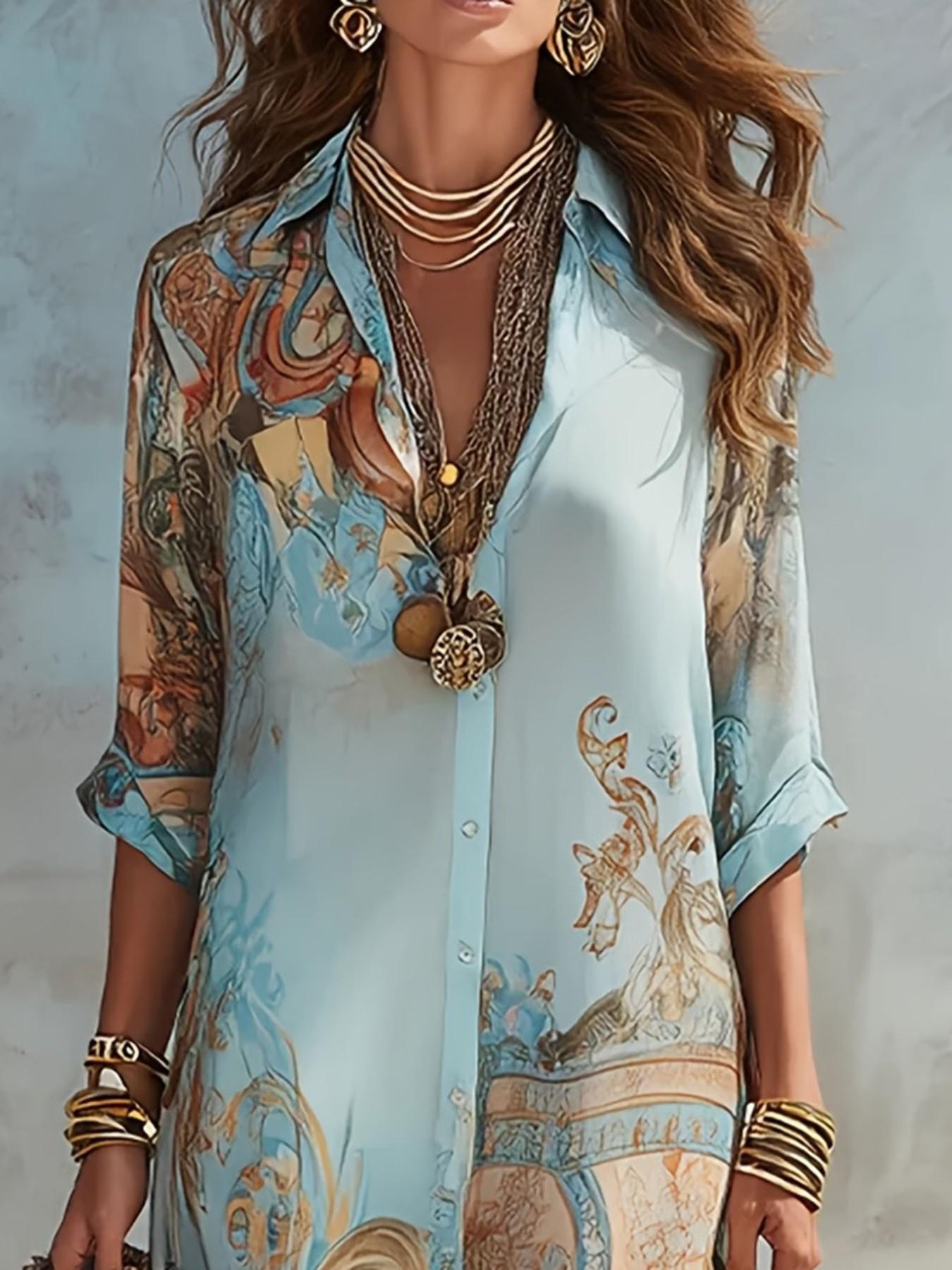 Casual Random Print Notched Lapel Button Long Maxi Slim Fit Dress, Autumn Party Gown, Women's Fashionable Evening Wear, Elegant and Comfortable Design, Elegance