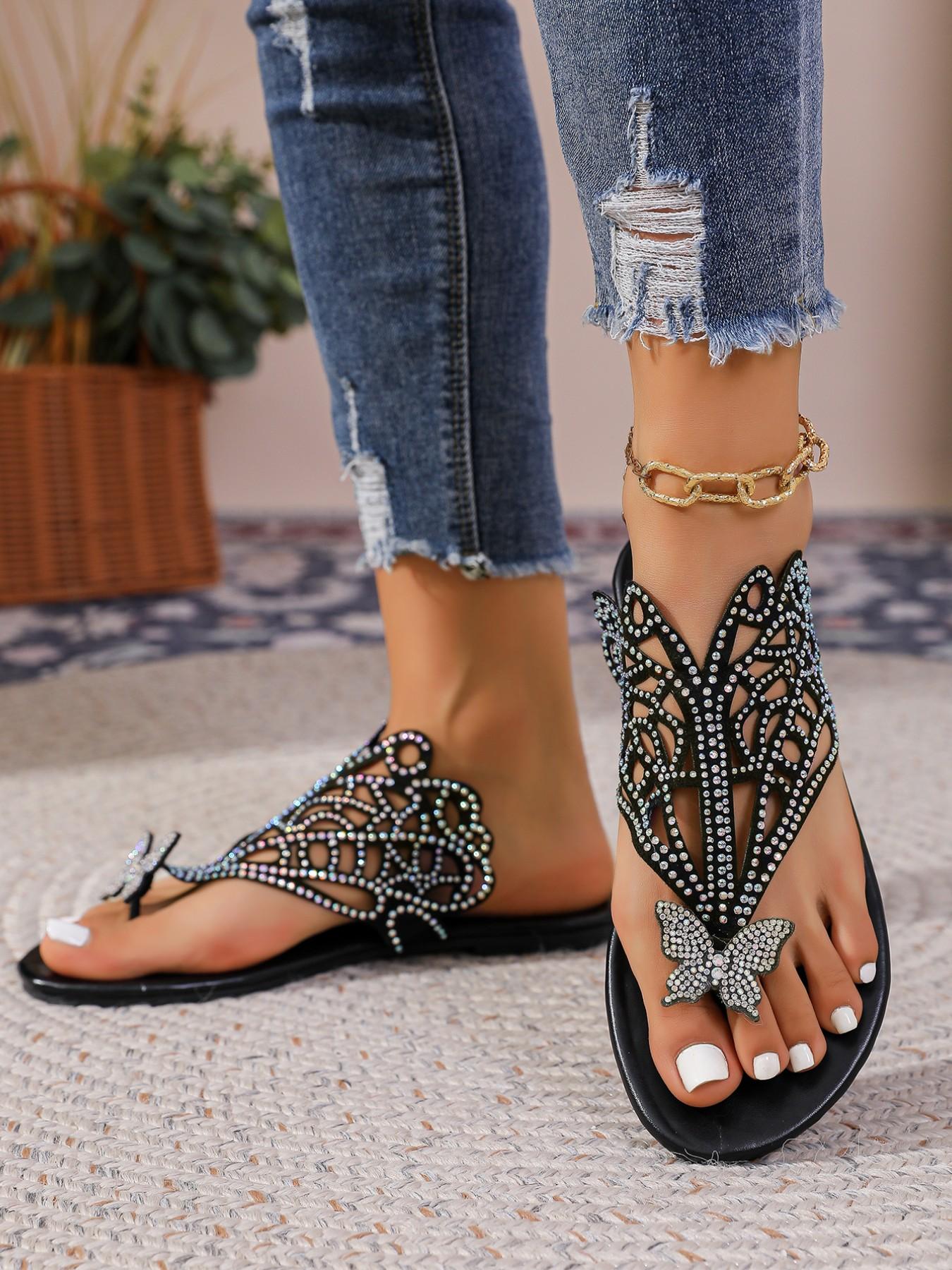 Elegant Rhinestone Butterfly Sandals, French Style Open Toe Flat Slippers, Versatile Outdoor Wear, Comfortable Summer Footwear