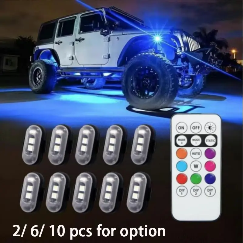 2/6/10 Pack Wireless Remote Control RGB Car Ambient Strobe Lights, USB Charge, Rechargeable Battery inside, 8 Colors & 10 Modes for Cars Motorcycles Bicycles, Emergency Lighting, Atmosphere Lighting, Led Car Ambient Light
