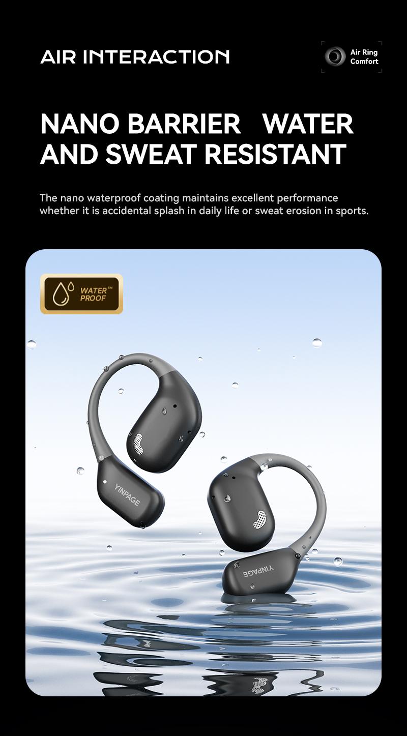 YINPAGE Open Air Mic Headset IPX5 Waterproof Sport Headphone with Charging Case for Outdoor Activities Wireless Sport Earbuds 88dB Audio Chargeable Electronic Black
