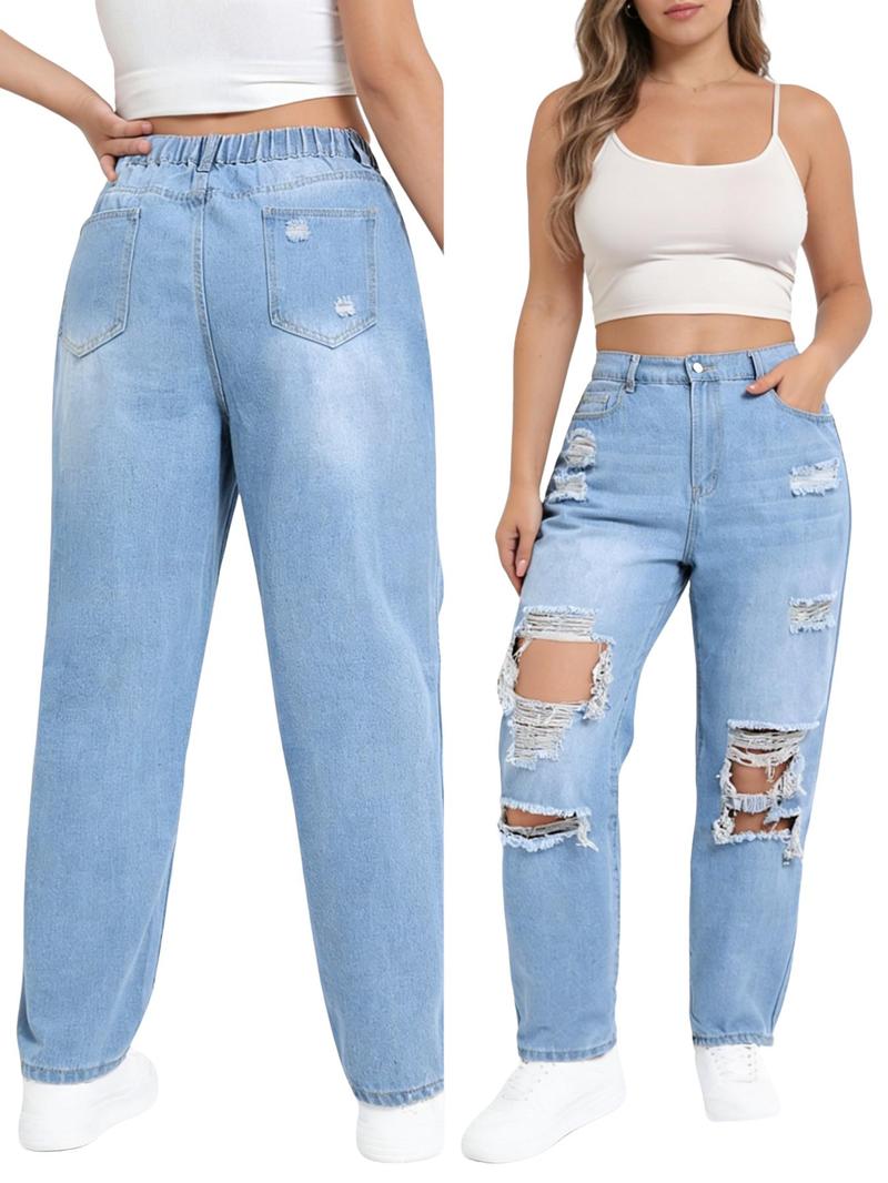 Women's Plus Size High Waist Loose Fit Jeans, Fashionable Ripped Long Pants, Casual Denim Trousers for Comfort and Style