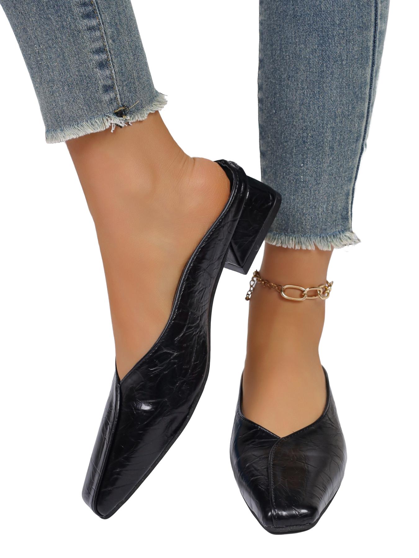 2026 Summer Woven Square Toe Low Block Heel Pumps for Women, Textured V-Cut Slip-On Shoes, Casual & Office Wear