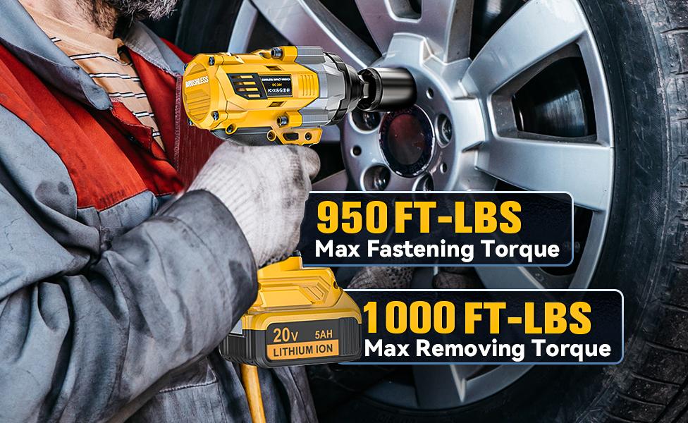 1000FT-LBS (1300N.m) Cordless Impact Wrench 1/2" with 1or2*Battery, Brushless Impact Gun with 6 Sockets, 2100RPM for Car & Truck