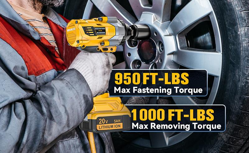 1000FT-LBS (1300N.m) Cordless Impact Wrench 1/2" with 1or2*Battery, Brushless Impact Gun with 6 Sockets, 2100RPM for Car & Truck