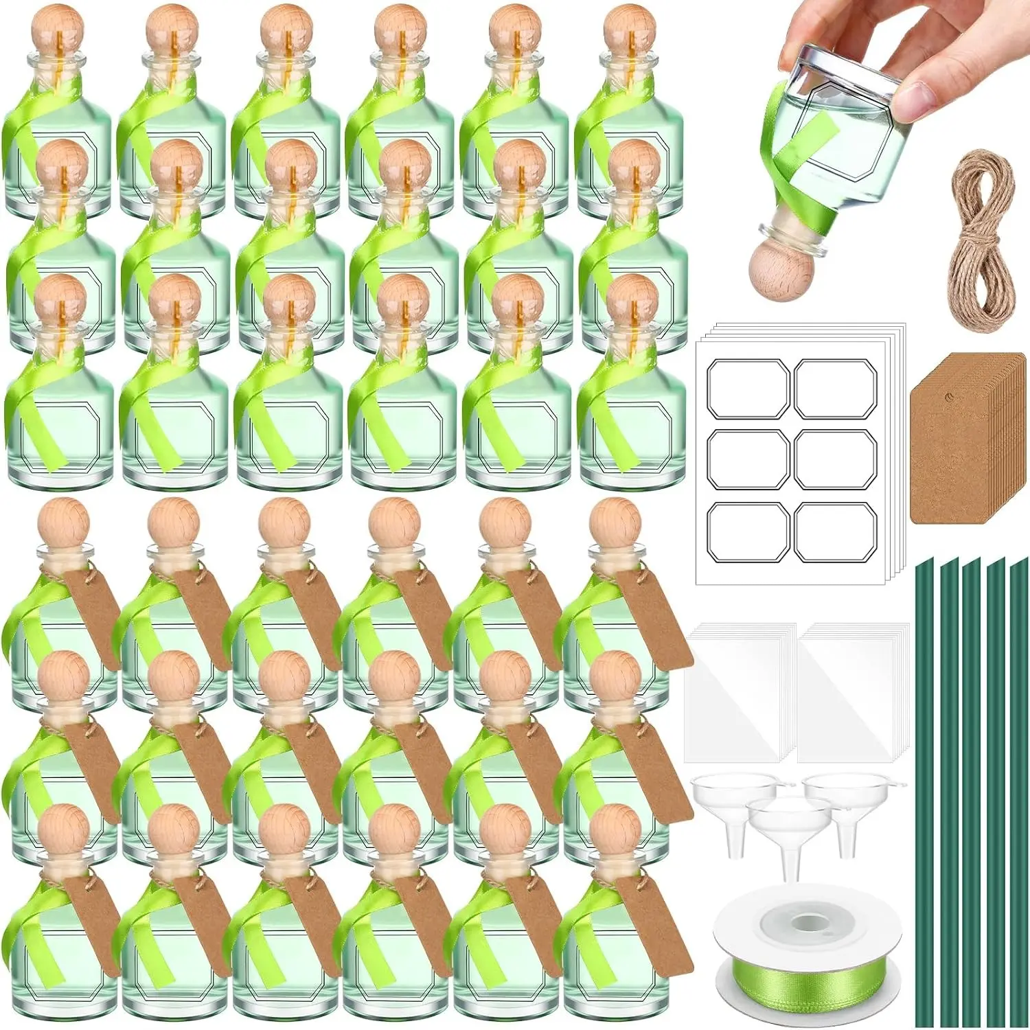 36 Pcs 50 ml /1.7 oz Liquor Bottles Empty for Drinks Mini Tequila Shot Bottles Liquor with Cork Lids Green Ribbon Reusable Glass Bottle for Weddings Party Favors DIY Crafts
