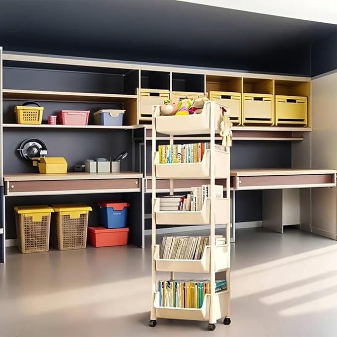 Multifunctional Multi-Layer Plastic Storage Cart with Wheels, Layered Shelf Organizer Bathroom Storage Rack for Bedroom Kitchen Bathroom Living Room