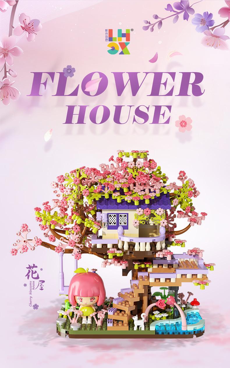 Cherry Blossom Tree House Building Block Villa Wooden Assembly Educational Toy with Detailed Floral Decor for Kids and Adults
