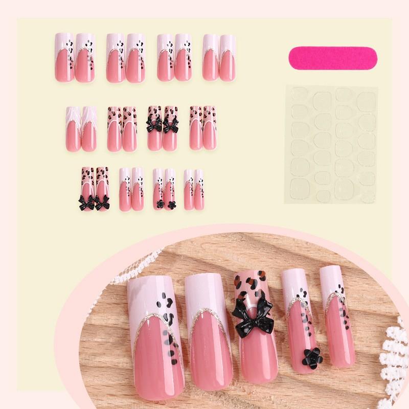 24 Pcs Long Coffin Pink 3D Water Ripple Drip Gel Wild Leopard Print French Press On Nails with Gold Beads, 3D Black Bow, Unique Gold Thin Lines & Sequin Design Removable False Nails with Jelly Glue and Nail File
