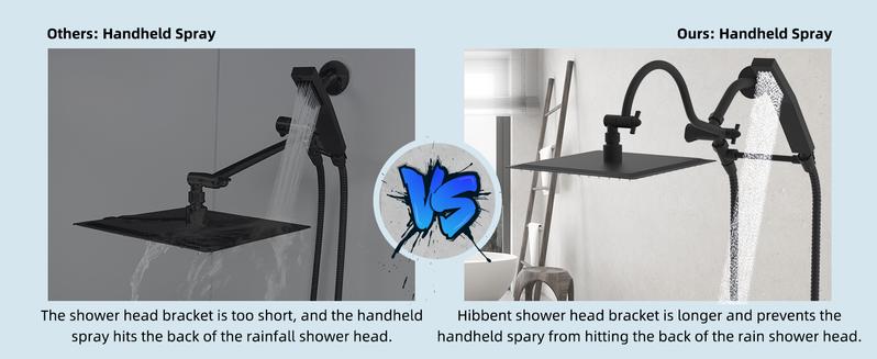 Hibbent All Metal Shower Head, 10'' High Pressure Rainfall Shower Head, Showerhead Combo/Handheld Shower Wand, 12'' Adjustable Curved Shower Extension Arm, 71'' Hose, 2 Shower Holders, Matte Black