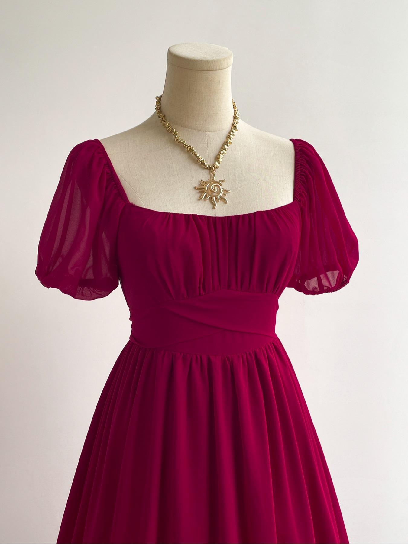 Women's Bohemian Vacation Elegant Chic Casual Waist-Tied Chiffon Woven Floral Long Short Sleeve Ruffle Hem Dress, All Seasons Fitted Style