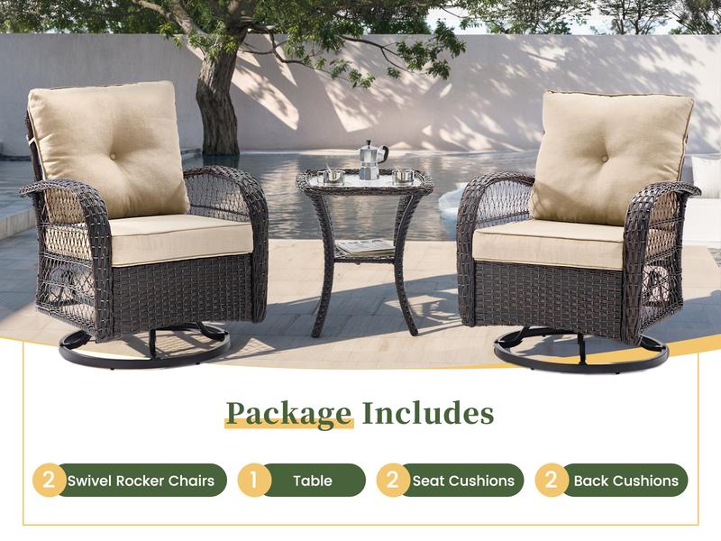 UDPATIO 3 Piece All-Weather Patio Furniture Set with Wicker Design, Rattan Rocking Chair, Glass Top Side Table Thickened Cushions Outdoor Deck Relax