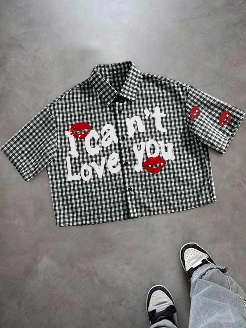 Unisex casual streetwear style "I can't Love you" red lip print plaid shirt, Y2K streetwear cropped top, suitable for streetwear, Y2K outfits, men's gifts, couple outfits, high street culture.