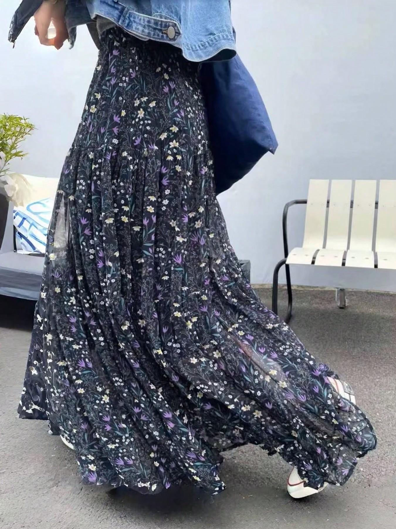 Women's Deep Blue Ditsy Floral Midi Casual Boho Skirt, High Waist A-Line Design, Casual Loose Fit, Long Knee-Length, Fashionable Summer Dress