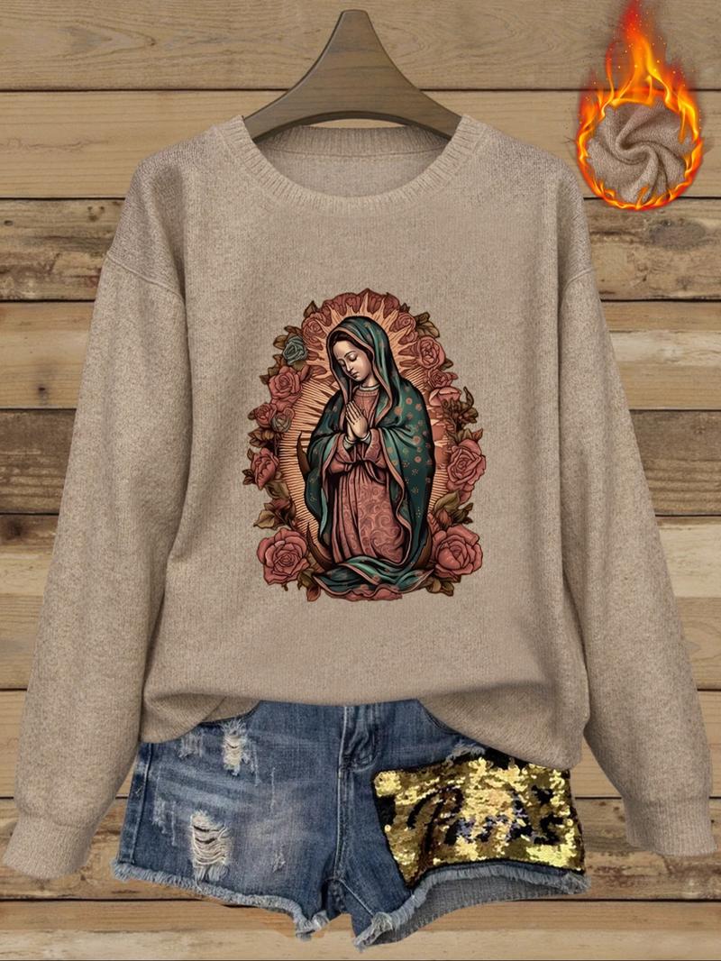 Women's Casual Fitted Round Neck Sweater Top, Floral Virgin Mary Print, Comfortable Fall & Winter Fashion, Ladies' Stylish Knitwear