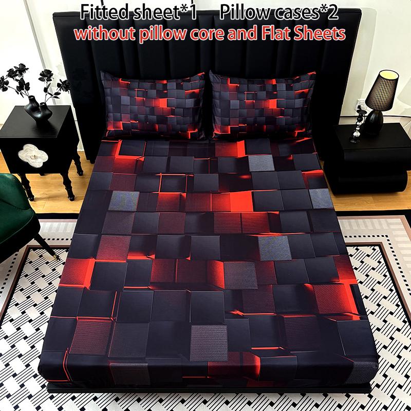 3-piece multi-pattern fitted sheet set (1 fitted sheet  + 2 pillowcases without filler), deep pocket 15 inches machine washable, low allergenic, high quality mattress protector for bedrooms, dorm rooms, HD printed all-season room decoration Bedding Suppli