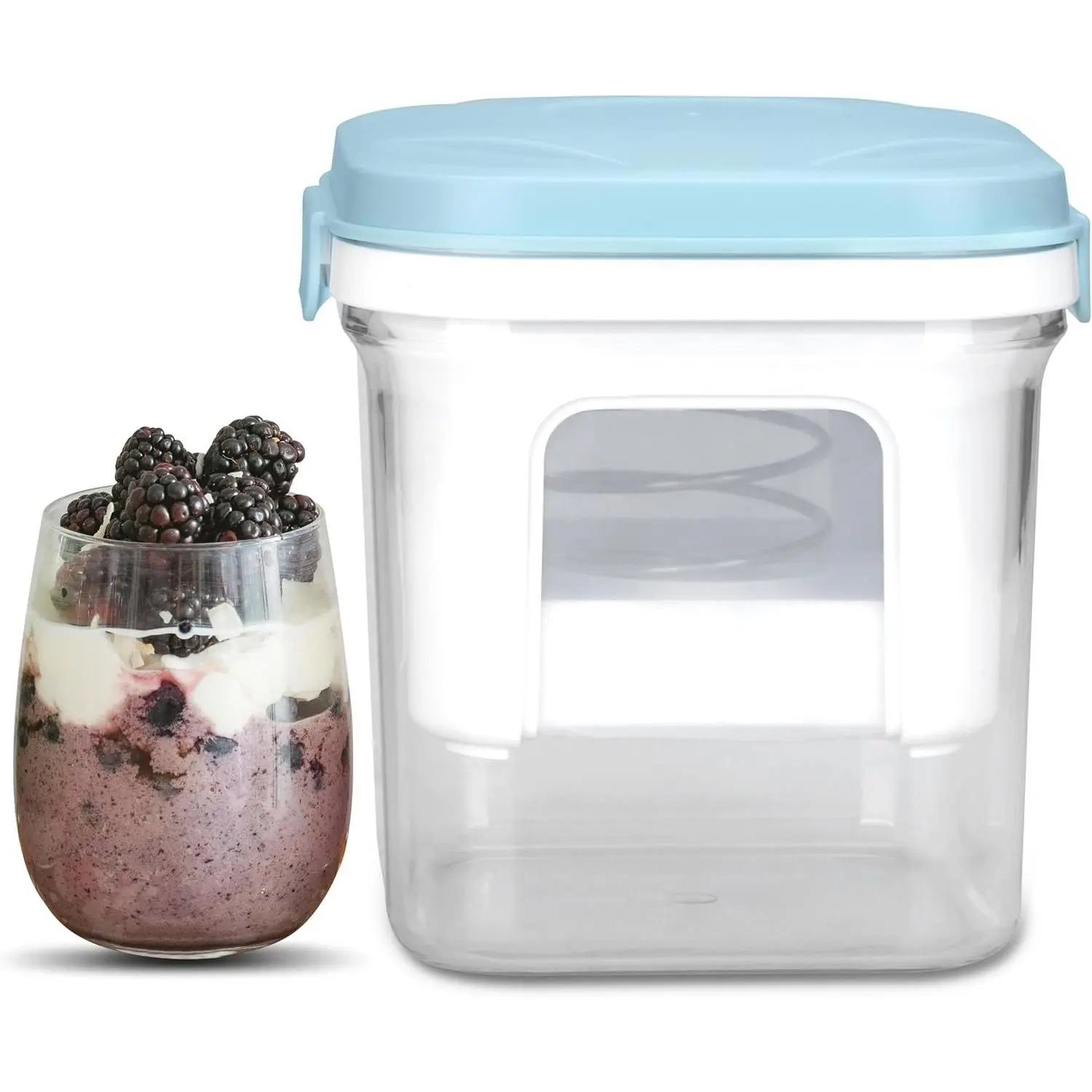 Party Desserts Greek Yogurt Strainer with Lid, Yogurt Maker, Yoghurt Filter with Ultra Fine Nylon Mesh Strainer & Pressure Filtration, 1.5Qt Thick & Creamy Greek Yogurt, BPA-Free, Aqua Blue
