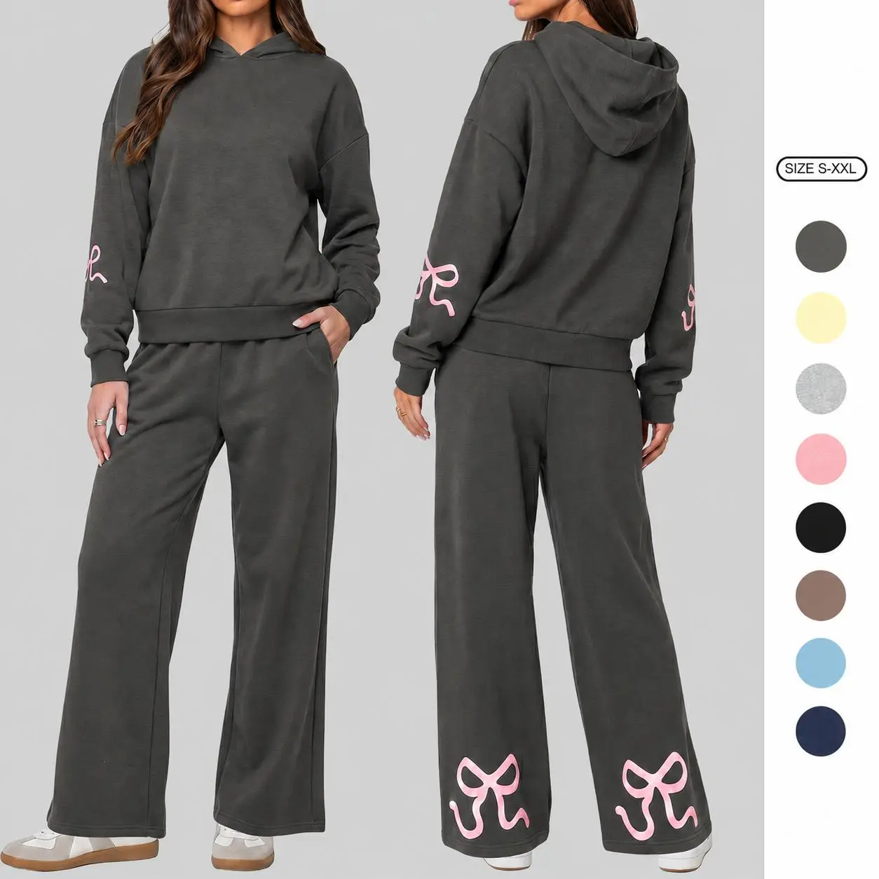 ARTFREE Women's 2-Piece Lounge Set Bow Graphic Pullover Hoodie and Wide Leg Sweatpants Tracksuit