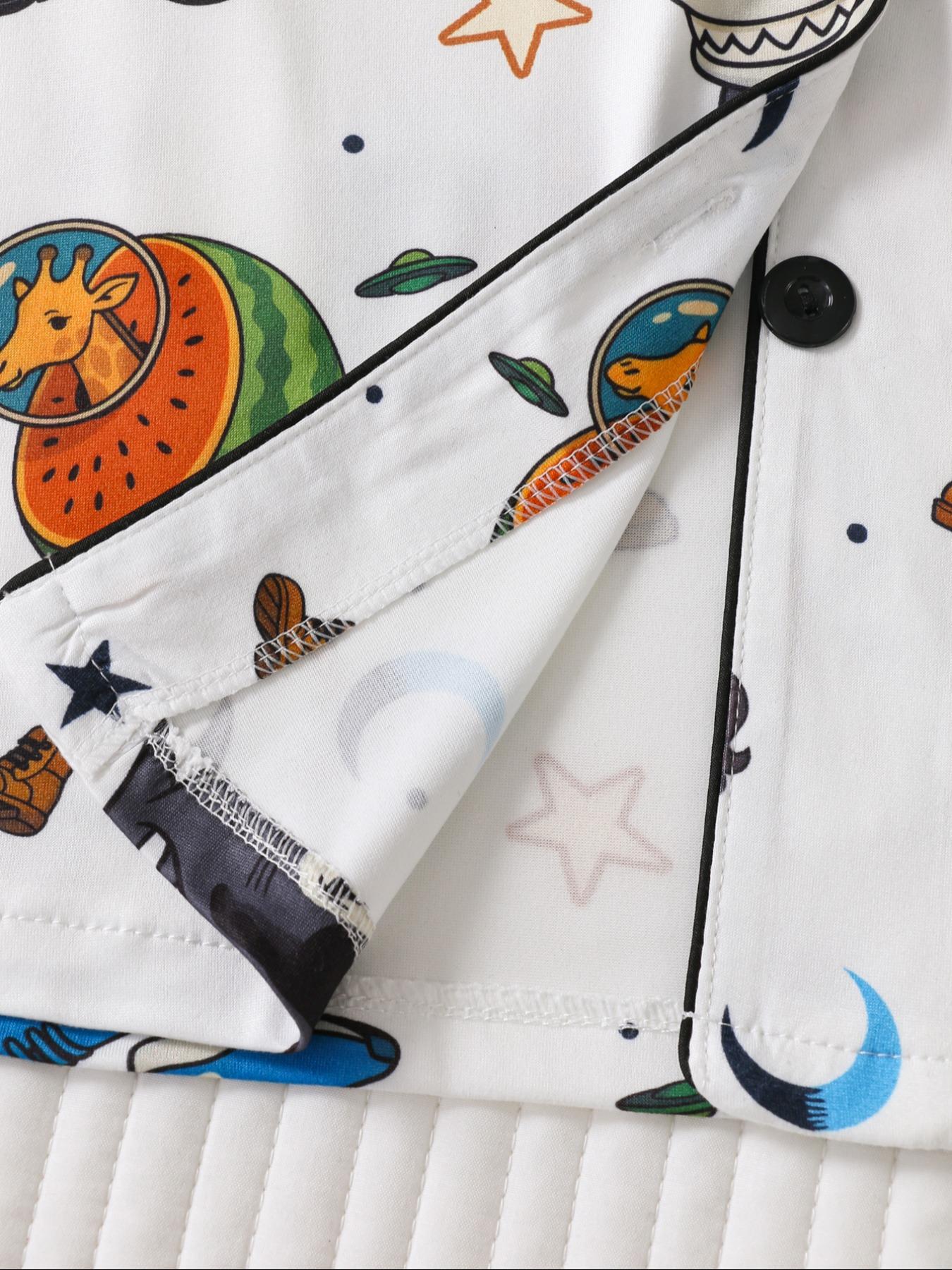 Women's Cartoon Print Pajama Set, Long Sleeve Button Front Top & Loose Fit Pants, Casual Spring & Fall Sleepwear Loungewear