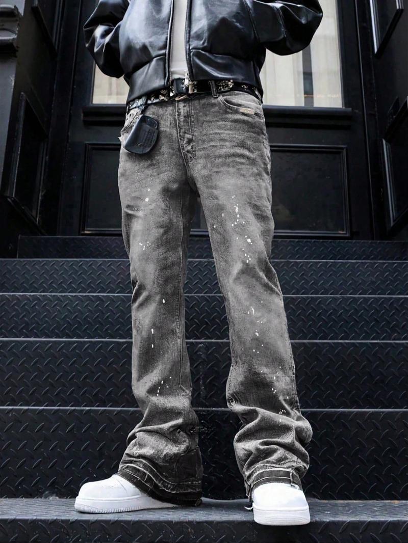 Men's High-End Casual Loose Fit Jeans, All Seasons Button Fly Zipper Micro Flare Pants, Plain Washed Denim Bottoms