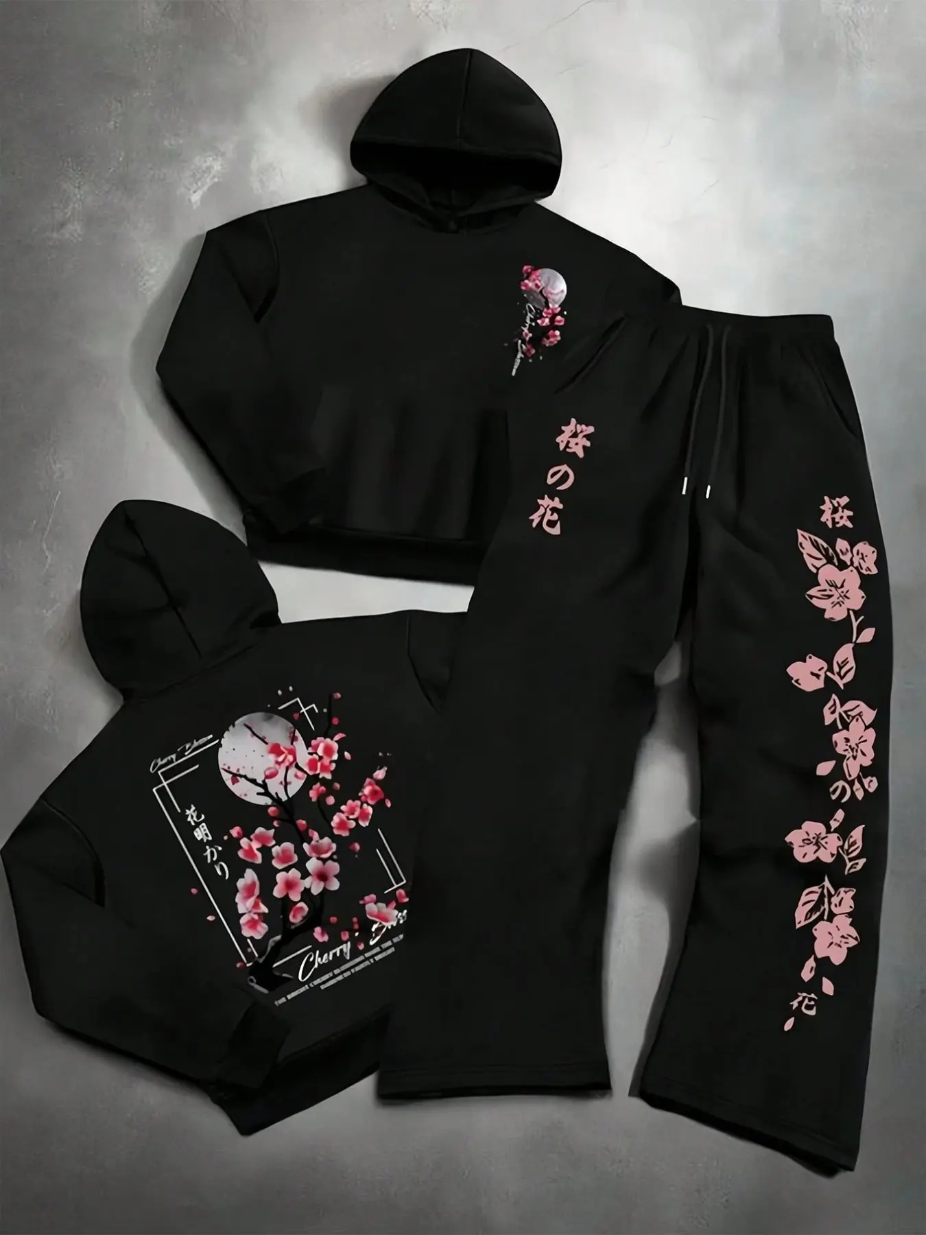 Vintage Japanese Cherry Blossom Floral Two-Piece Set, Loose Fit Hoodie & Wide Leg Pants, Unisex Casual for Spring Fall Winter