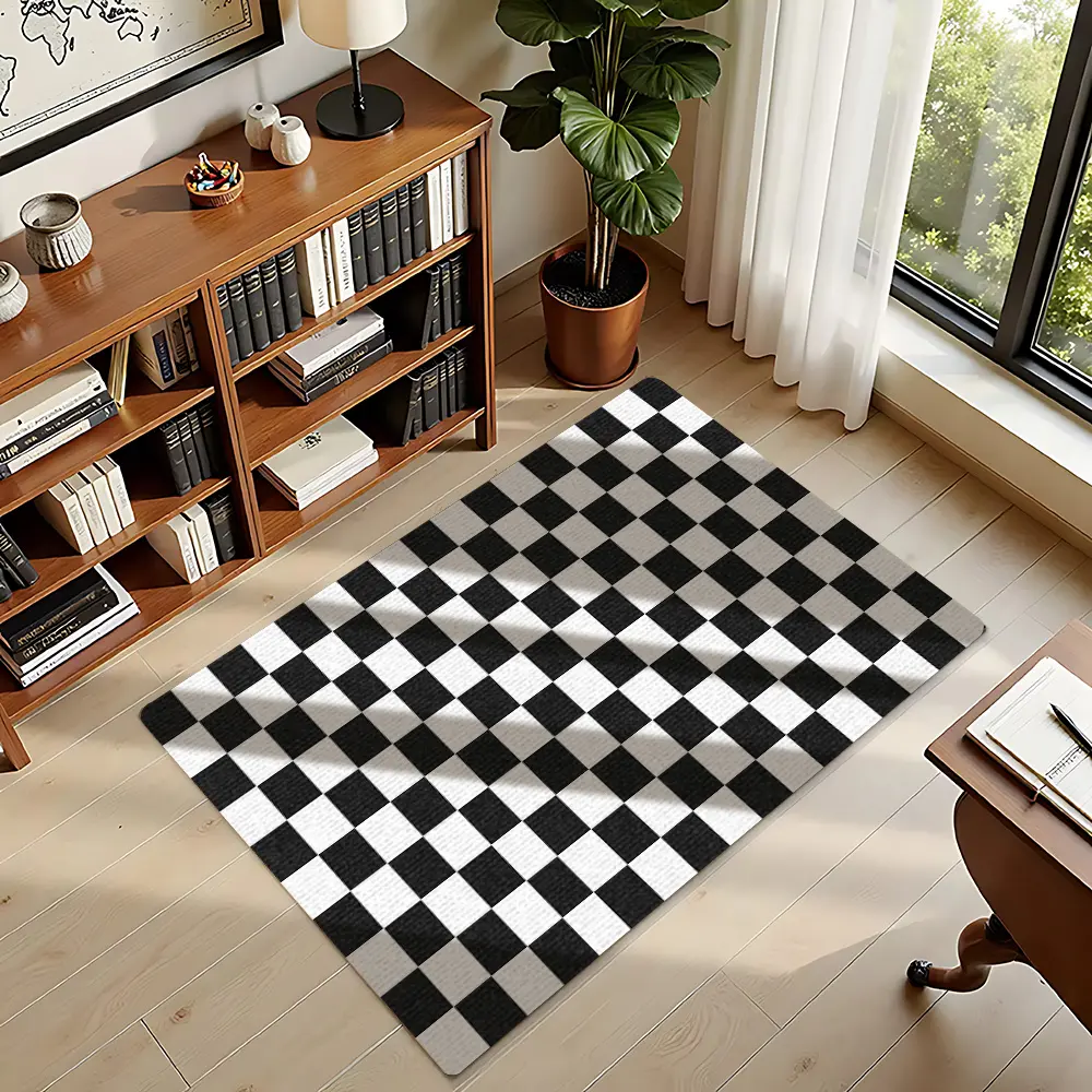 Black‑White Checkerboard Flannel Area Rug #CheckerboardRug #SimpleGridMat #FlannelCarpet #ModernMinimalistDecor